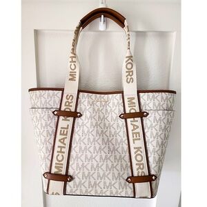 Michael Kors Maeve Large Logo Monogram Open Tote Vanilla White $428 38S4G5VT3B